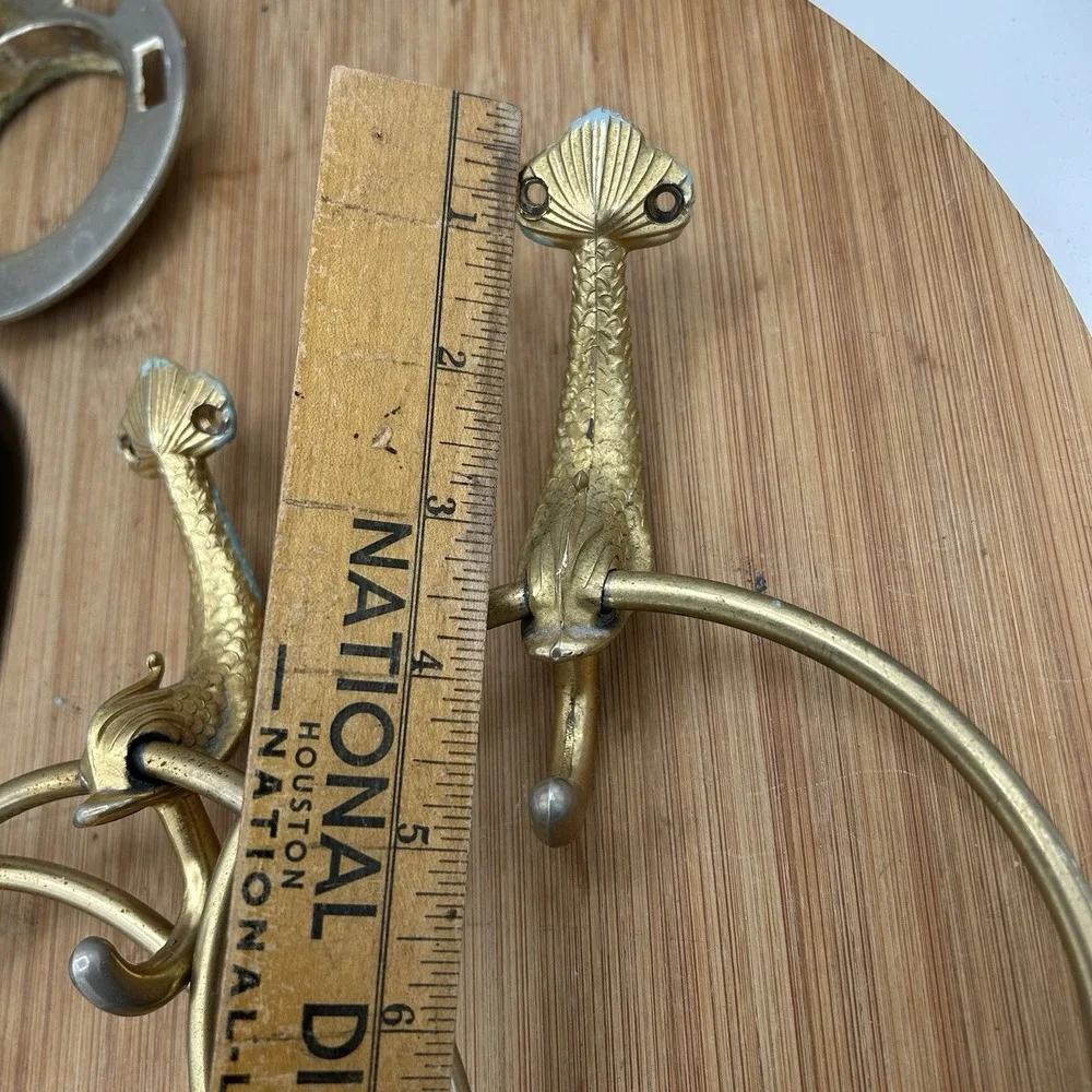 Vtg BRASS‎ Koi Fish (4) Wall Mount Towel Racks, Tissue Set & Tooth Brush/cup
